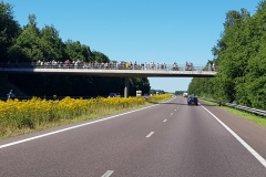 Locals waving on the bridge